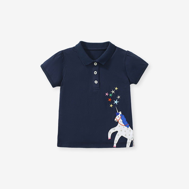 Baby girls' short sleeves polo shirt featuring a colorful cartoon unicorn pattern on a black background, made from soft cotton material.