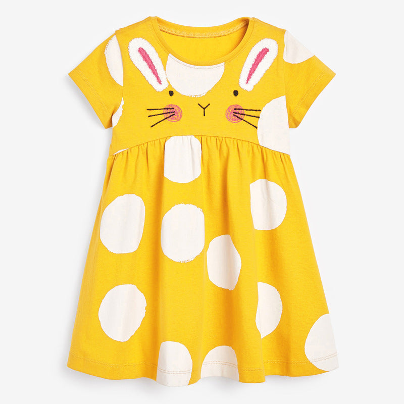 A bright yellow baby dress featuring a cute rabbit design and polka dots, perfect for summer wear.