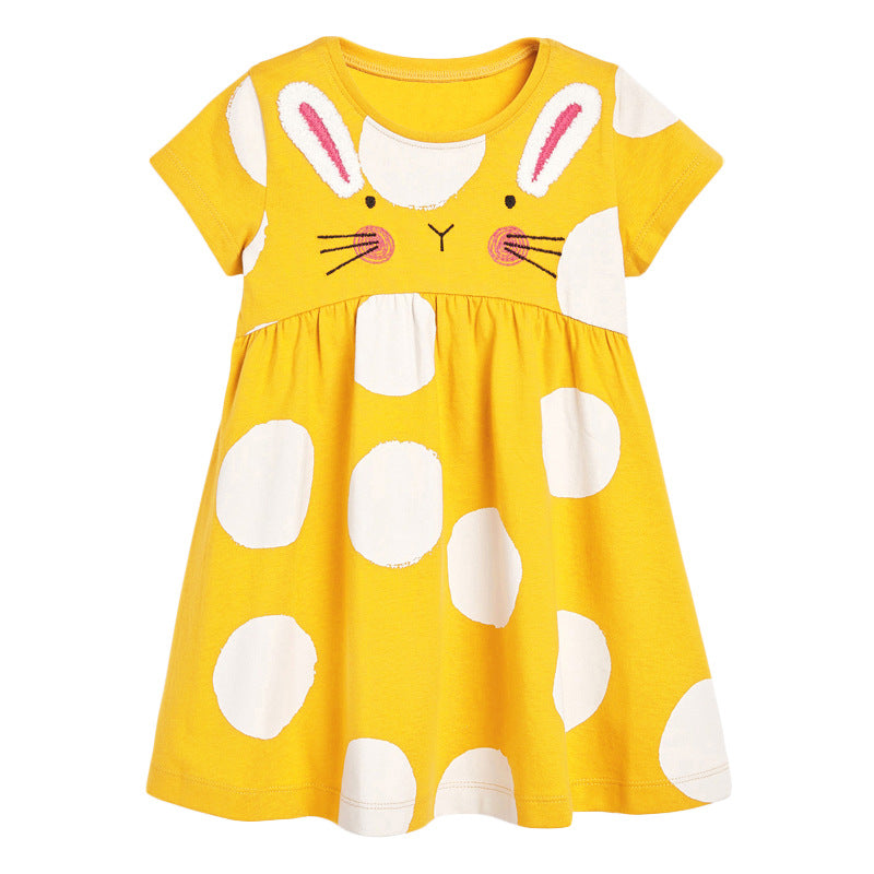 A bright yellow baby dress featuring a cute rabbit design and polka dots, perfect for summer wear.
