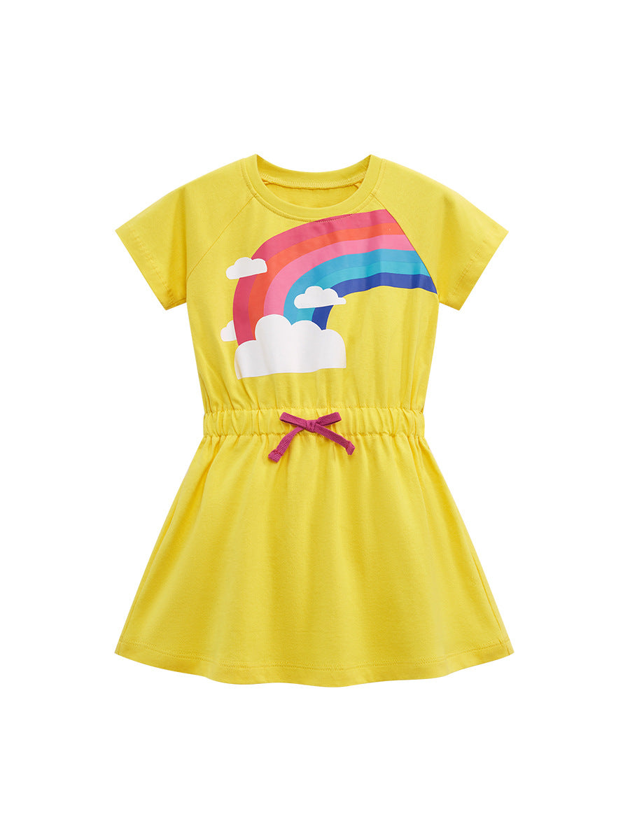 Baby Kids Girls Crew Neck Dress with Rainbow Clouds Print in Yellow, perfect for summer wear.