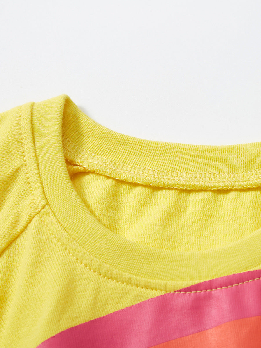 Baby Kids Girls Crew Neck Dress with Rainbow Clouds Print in Yellow, perfect for summer wear.
