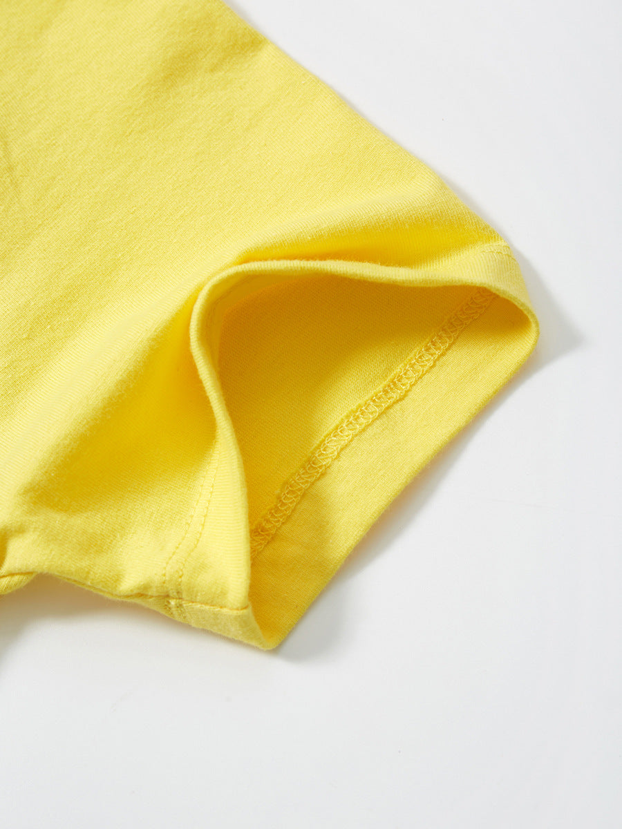 Baby Kids Girls Crew Neck Dress with Rainbow Clouds Print in Yellow, perfect for summer wear.