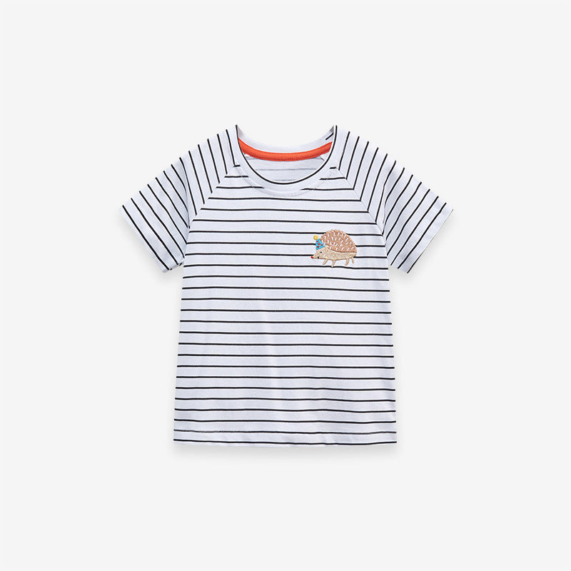 Baby Kids Girls Striped Hedgehog Logo Short Sleeves T-Shirt in white with a cute hedgehog logo and striped pattern.