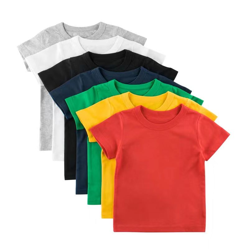 A collection of Baby Kids No Pattern Solid Color Short-Sleeved Tops in various colors including white, black, red, pink, navy blue, blue, green, yellow, and grey.