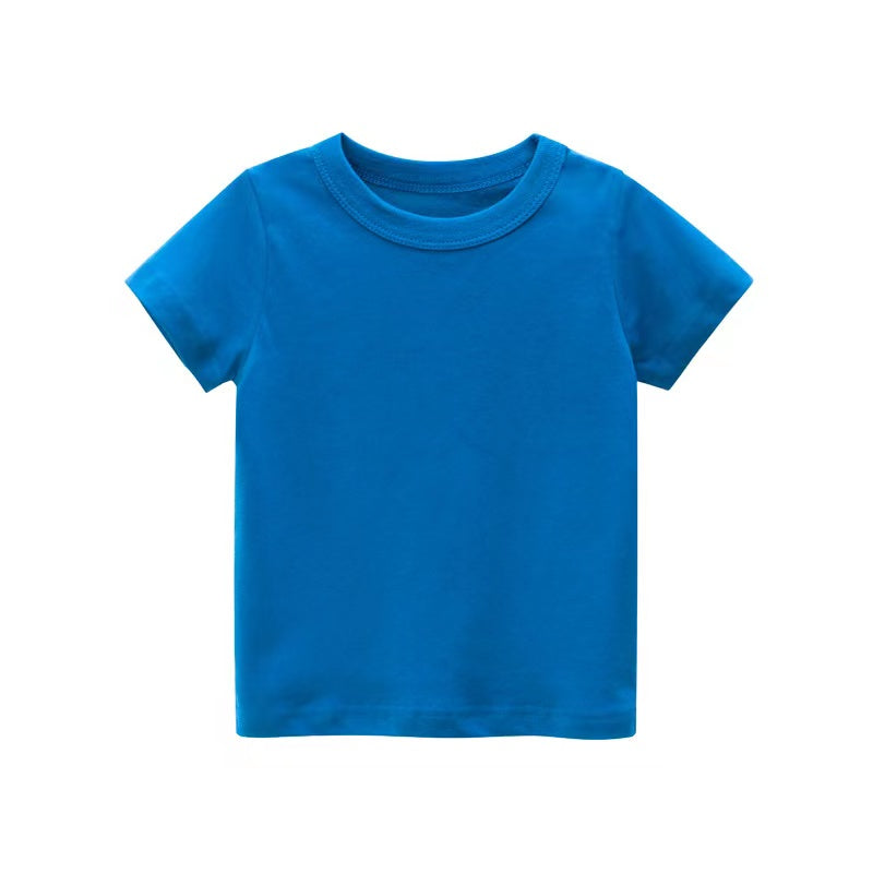 A collection of Baby Kids No Pattern Solid Color Short-Sleeved Tops in various colors including white, black, red, pink, navy blue, blue, green, yellow, and grey.