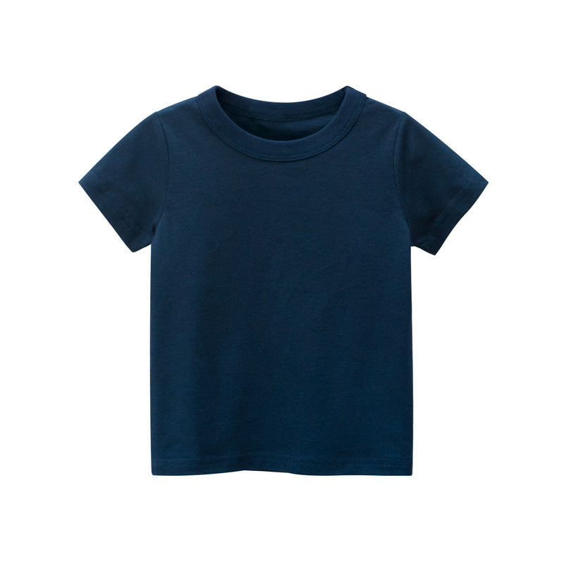 A collection of Baby Kids No Pattern Solid Color Short-Sleeved Tops in various colors including white, black, red, pink, navy blue, blue, green, yellow, and grey.