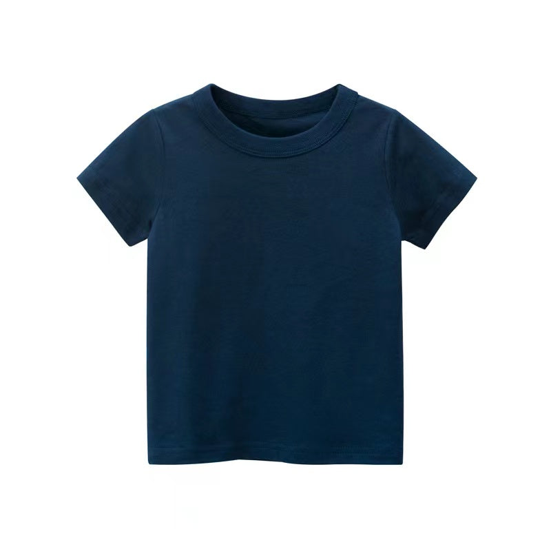 A collection of Baby Kids No Pattern Solid Color Short-Sleeved Tops in various colors including white, black, red, pink, navy blue, blue, green, yellow, and grey.
