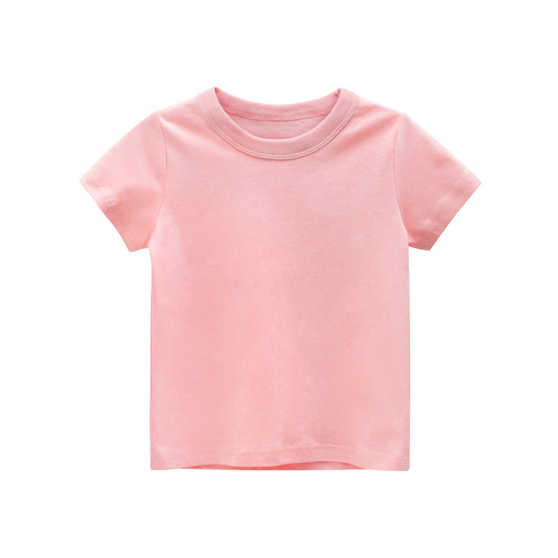 A collection of Baby Kids No Pattern Solid Color Short-Sleeved Tops in various colors including white, black, red, pink, navy blue, blue, green, yellow, and grey.