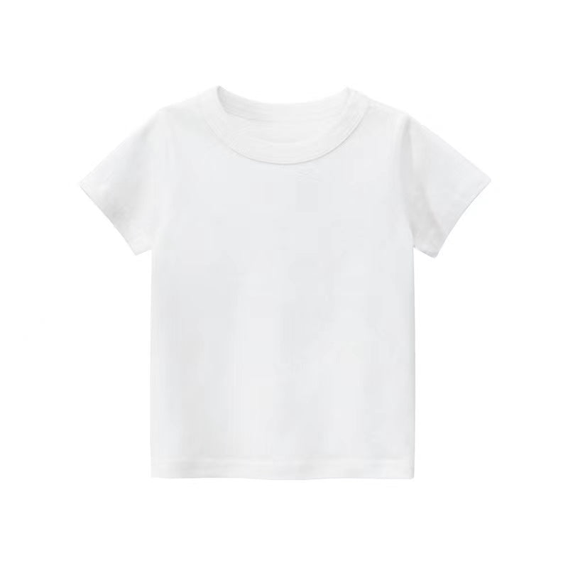 A collection of Baby Kids No Pattern Solid Color Short-Sleeved Tops in various colors including white, black, red, pink, navy blue, blue, green, yellow, and grey.