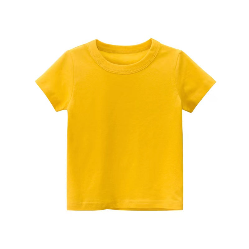 A collection of Baby Kids No Pattern Solid Color Short-Sleeved Tops in various colors including white, black, red, pink, navy blue, blue, green, yellow, and grey.