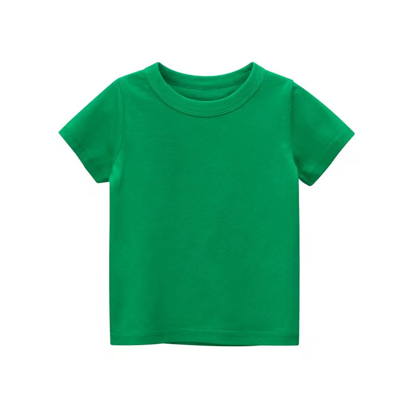 A collection of Baby Kids No Pattern Solid Color Short-Sleeved Tops in various colors including white, black, red, pink, navy blue, blue, green, yellow, and grey.