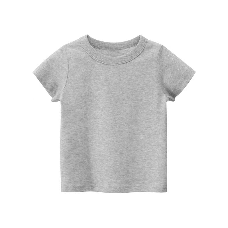 A collection of Baby Kids No Pattern Solid Color Short-Sleeved Tops in various colors including white, black, red, pink, navy blue, blue, green, yellow, and grey.