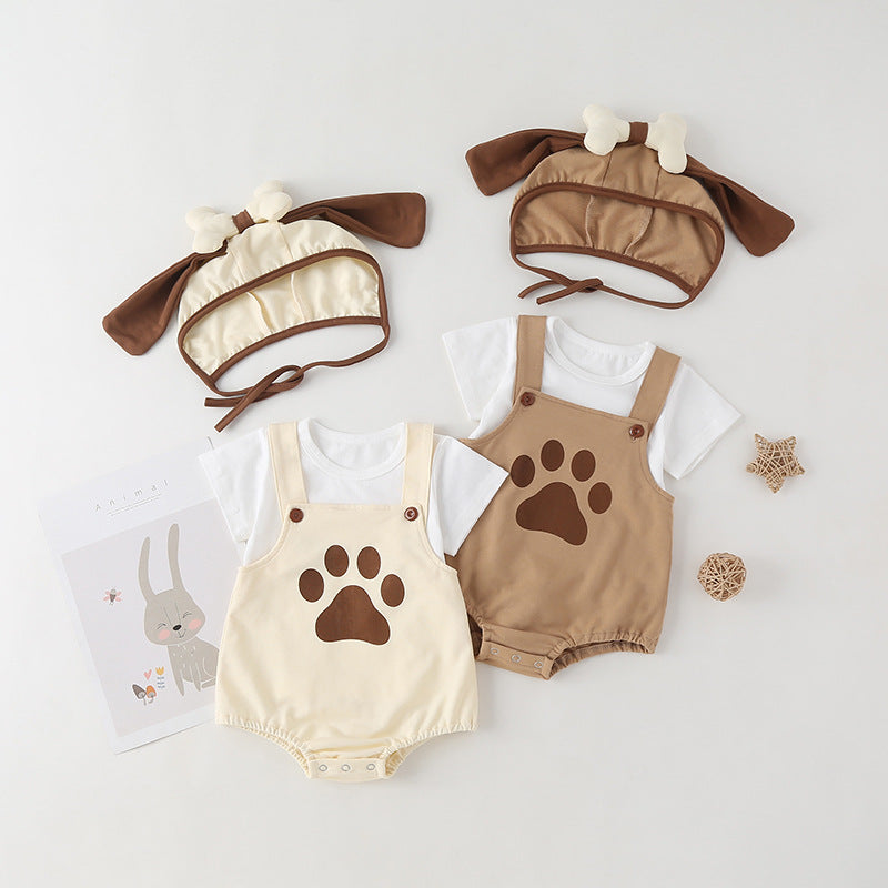 Adorable baby onesie set featuring a puppy print pattern, short sleeves, and straps, accompanied by a matching puppy-shaped hat.
