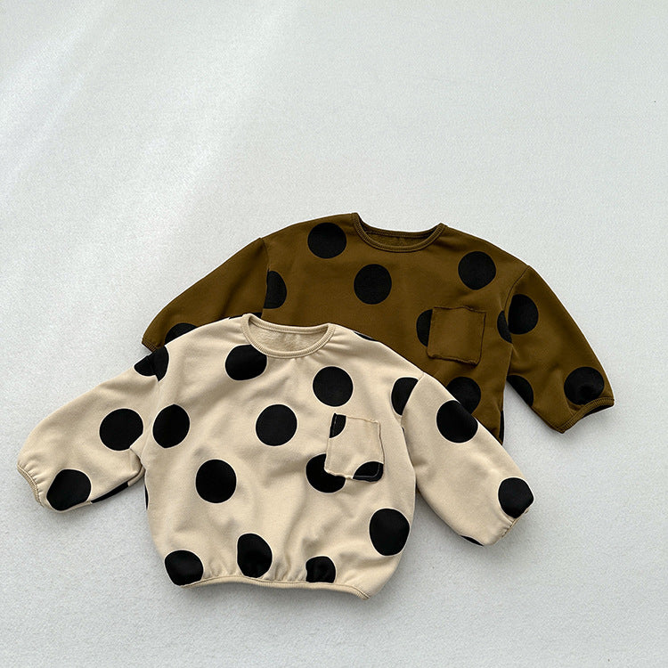 Baby Kids Unisex Black Polka Dots Crew Neck Long Sleeve Pullover displayed on a hanger, showcasing its playful polka dot pattern and soft fabric.