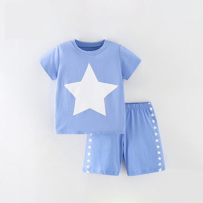 Baby Kids Unisex Stars Print T-Shirt and Shorts Casual Clothing Set in blue, featuring a playful stars pattern, perfect for summer wear.