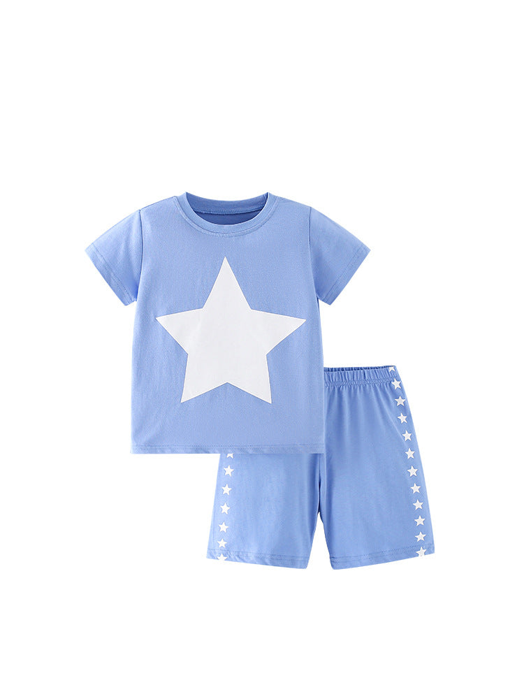 Baby Kids Unisex Stars Print T-Shirt and Shorts Casual Clothing Set in blue, featuring a playful stars pattern, perfect for summer wear.