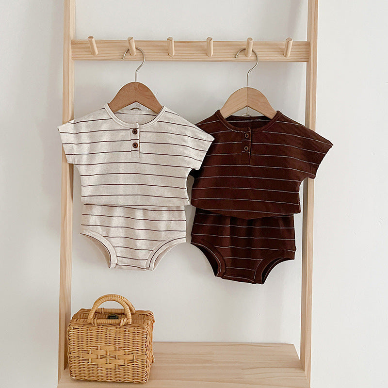 Baby kids unisex striped short sleeves top and shorts in beige and brown colors, perfect for summer wear.