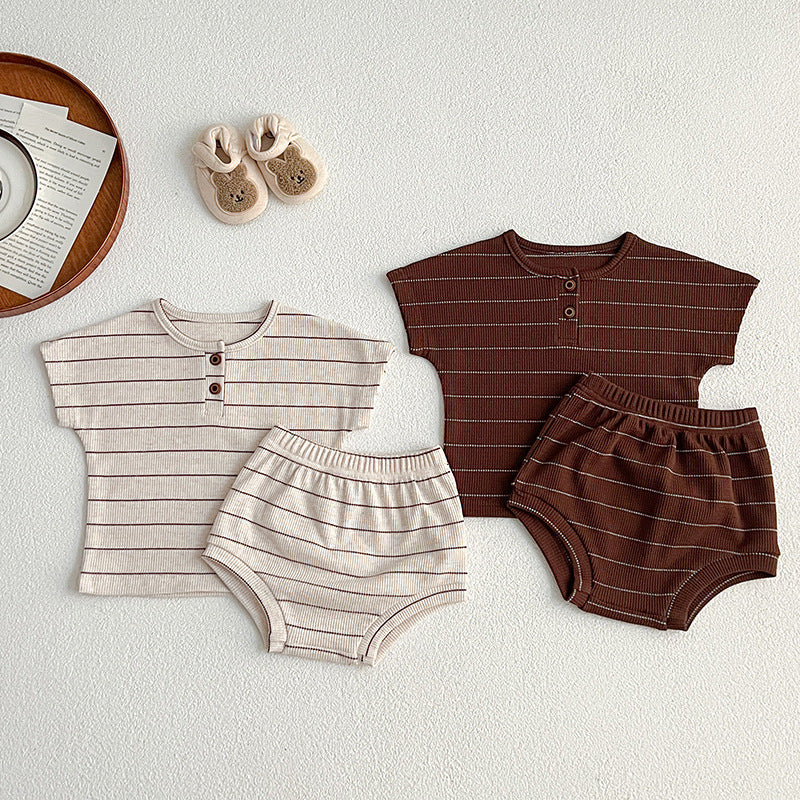 Baby kids unisex striped short sleeves top and shorts in beige and brown colors, perfect for summer wear.