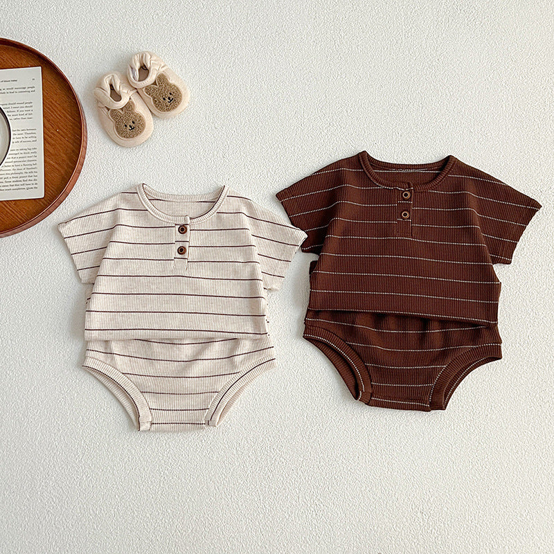 Baby kids unisex striped short sleeves top and shorts in beige and brown colors, perfect for summer wear.