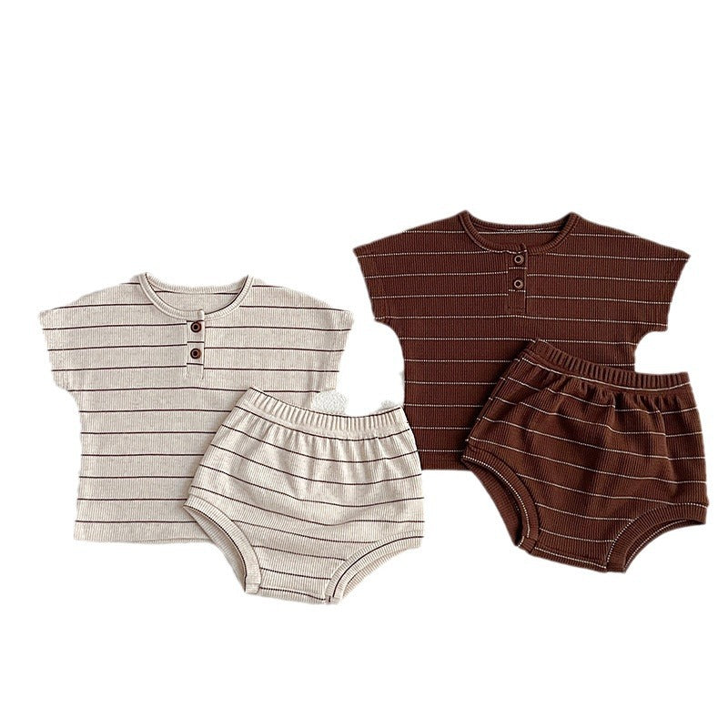 Baby kids unisex striped short sleeves top and shorts in beige and brown colors, perfect for summer wear.