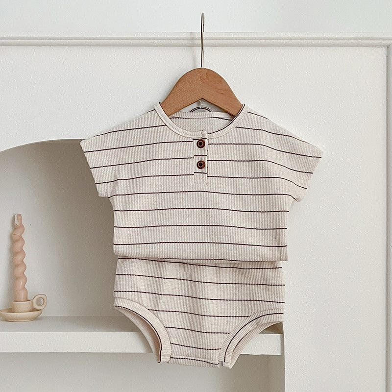 Baby kids unisex striped short sleeves top and shorts in beige and brown colors, perfect for summer wear.
