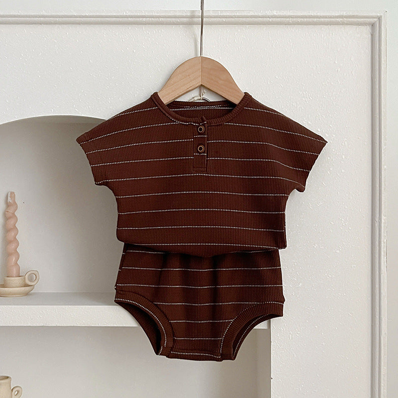 Baby kids unisex striped short sleeves top and shorts in beige and brown colors, perfect for summer wear.