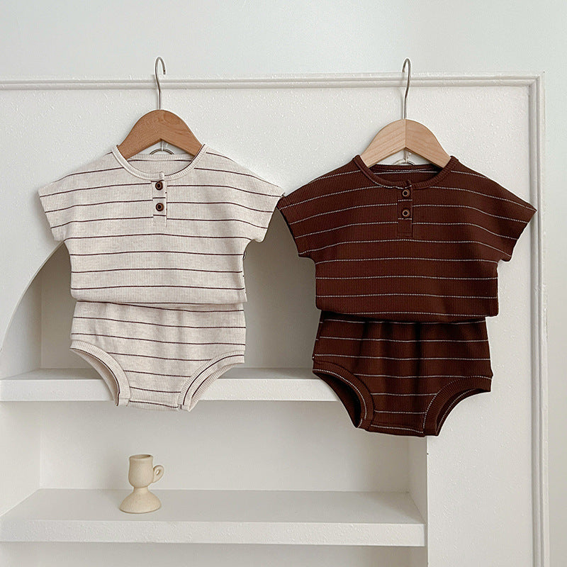 Baby kids unisex striped short sleeves top and shorts in beige and brown colors, perfect for summer wear.