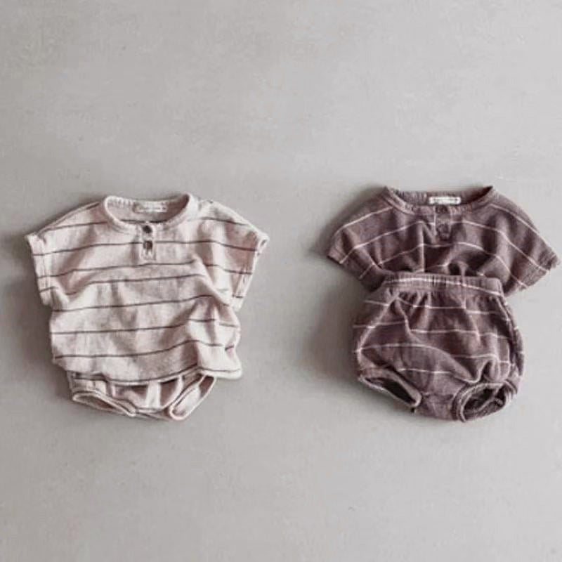 Baby Kids Unisex Striped Short Sleeves Waffle Grid Top And Shorts in beige and brown, featuring a playful striped pattern and soft fabric.