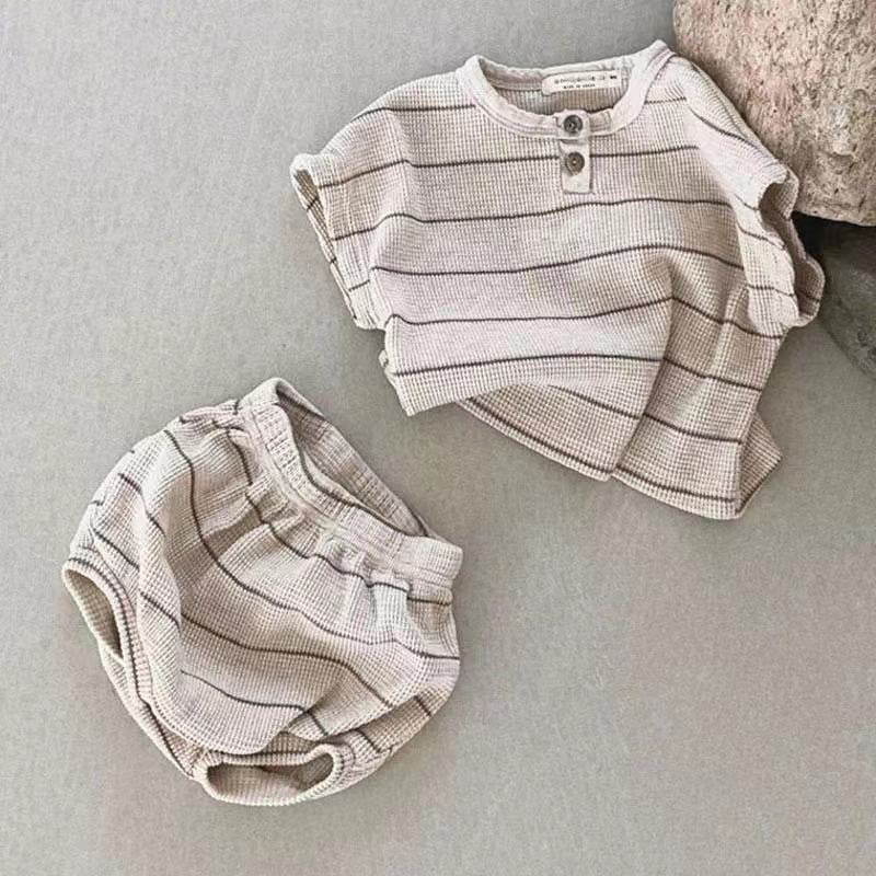 Baby Kids Unisex Striped Short Sleeves Waffle Grid Top And Shorts in beige and brown, featuring a playful striped pattern and soft fabric.