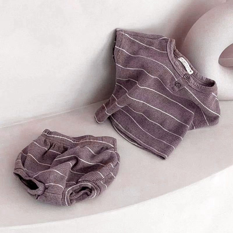 Baby Kids Unisex Striped Short Sleeves Waffle Grid Top And Shorts in beige and brown, featuring a playful striped pattern and soft fabric.