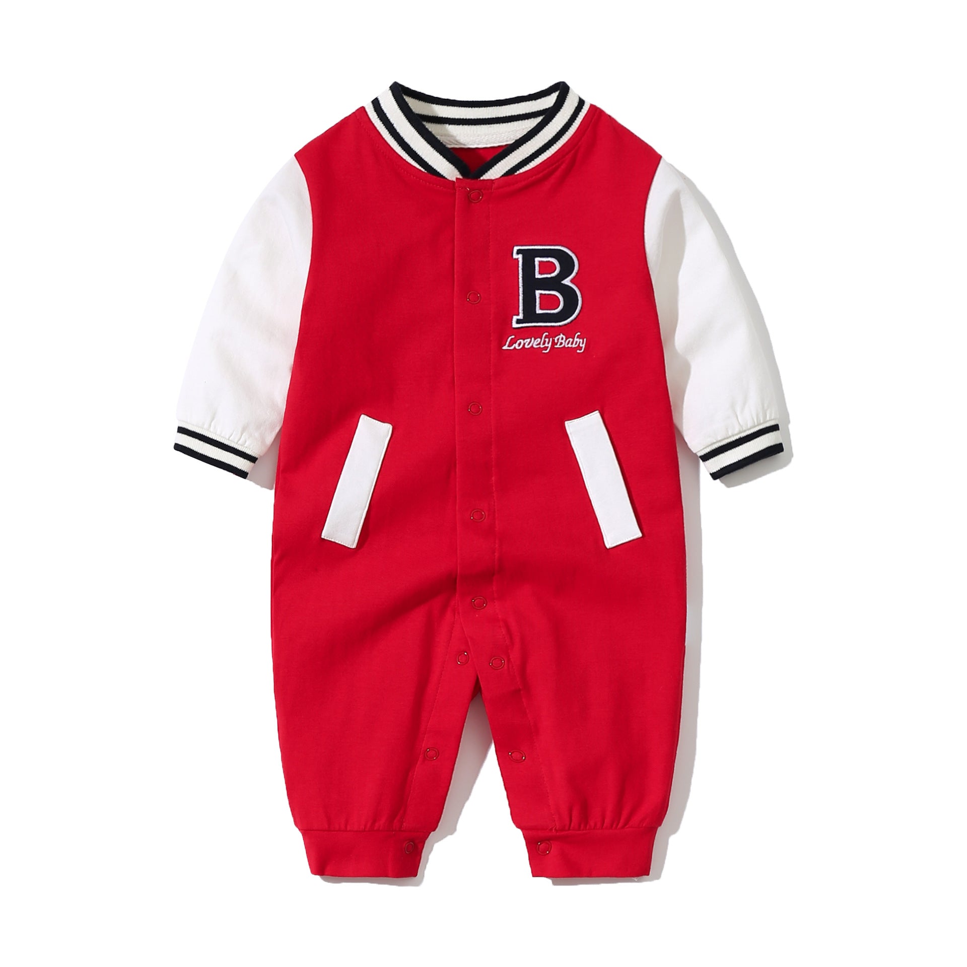 Baby boy wearing a red long sleeve baseball romper with embroidered letters, showcasing a sporty and adorable look.