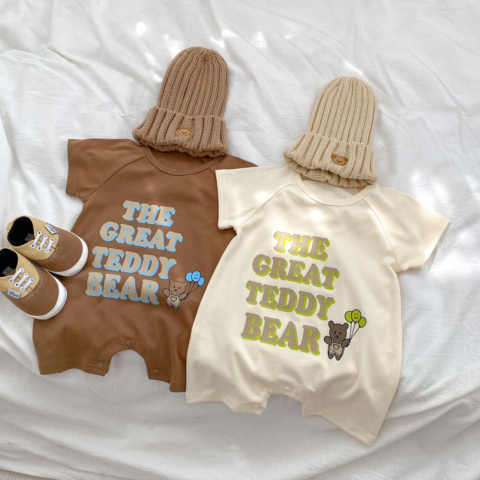 Baby Letter Graphic Crewneck Short Sleeve Casual Romper in apricot color, featuring a playful letter design, perfect for summer wear.