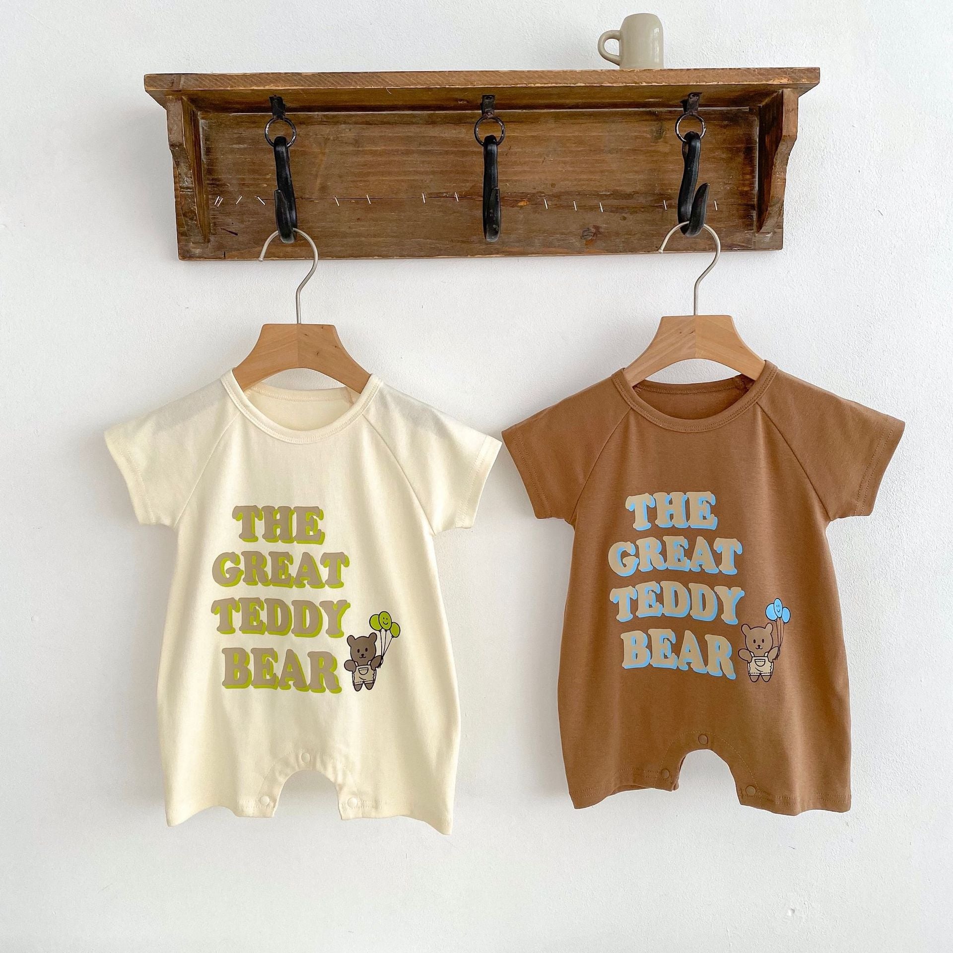 Baby Letter Graphic Crewneck Short Sleeve Casual Romper in apricot color, featuring a playful letter design, perfect for summer wear.