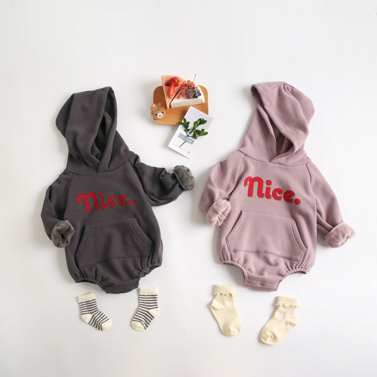 Thickened cotton onesies for babies featuring a cute letter print pattern in purple and grey colors, suitable for both genders.