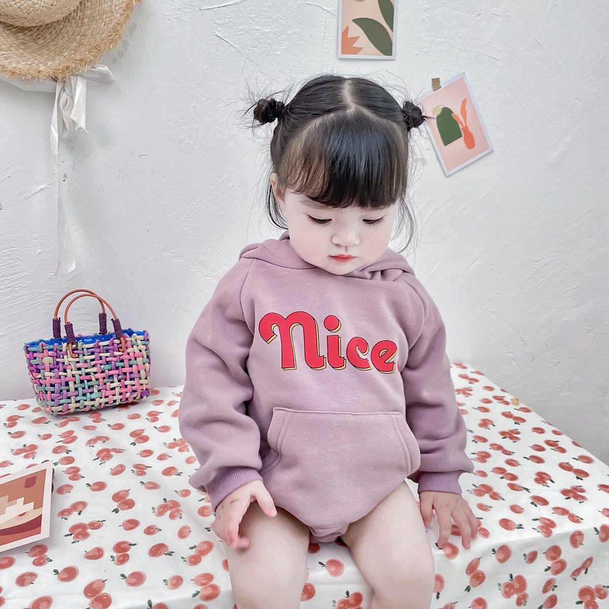 Thickened cotton onesies for babies featuring a cute letter print pattern in purple and grey colors, suitable for both genders.