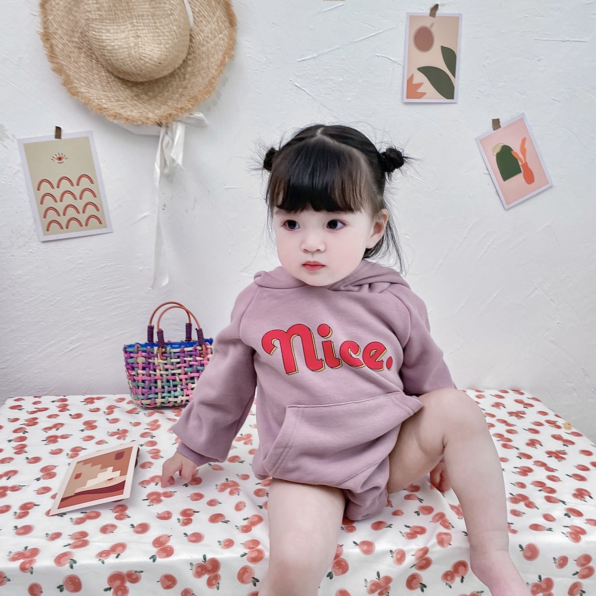 Thickened cotton onesies for babies featuring a cute letter print pattern in purple and grey colors, suitable for both genders.