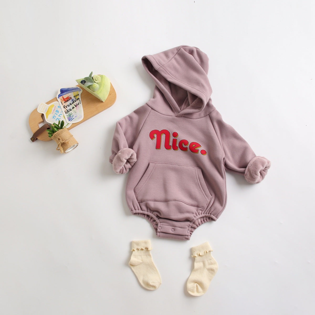 Thickened cotton onesies for babies featuring a cute letter print pattern in purple and grey colors, suitable for both genders.
