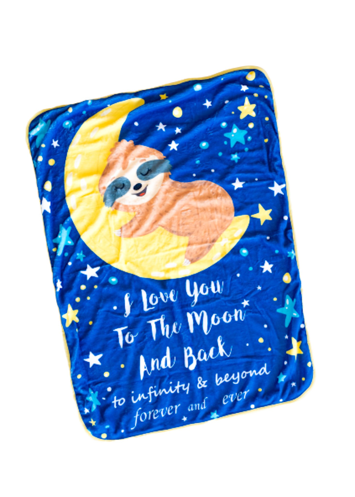 Baby Minky Sloth Blanket featuring sloths, moons, and stars in soft bamboo and minky fabric, perfect for infants and toddlers.