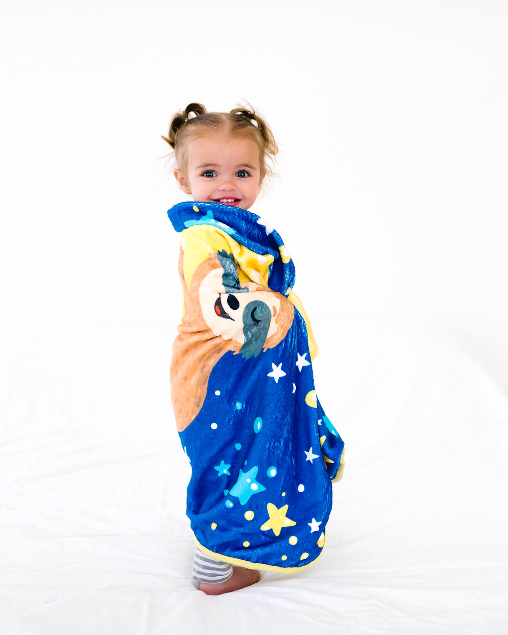 Baby Minky Sloth Blanket featuring sloths, moons, and stars in soft bamboo and minky fabric, perfect for infants and toddlers.