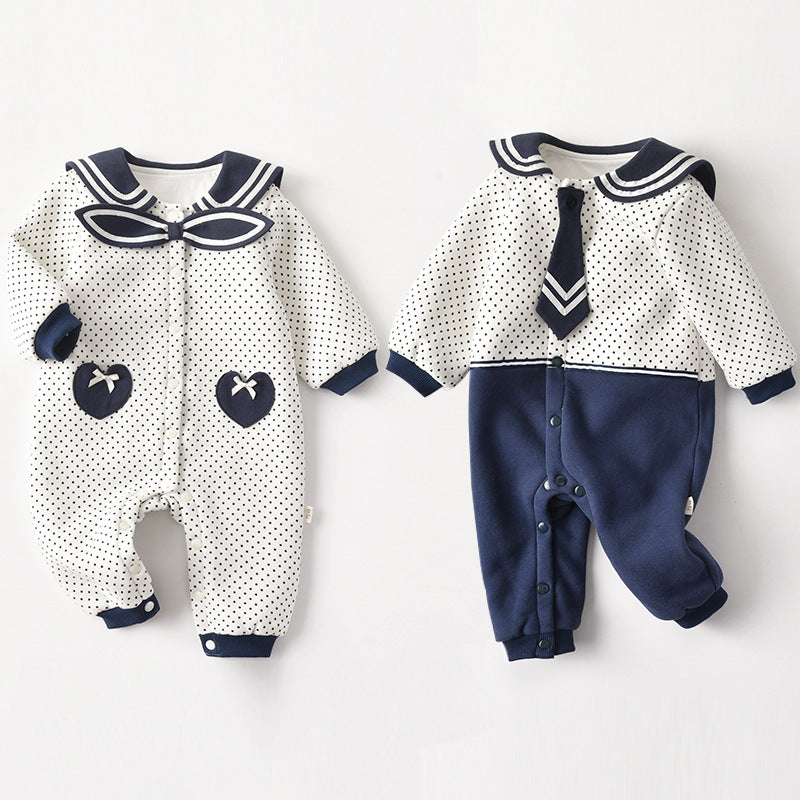 Baby Polka Dot Pattern Bow Patched Design Romper Jumpsuit in white and navy blue, featuring a stylish polka dot pattern and a cute bow.