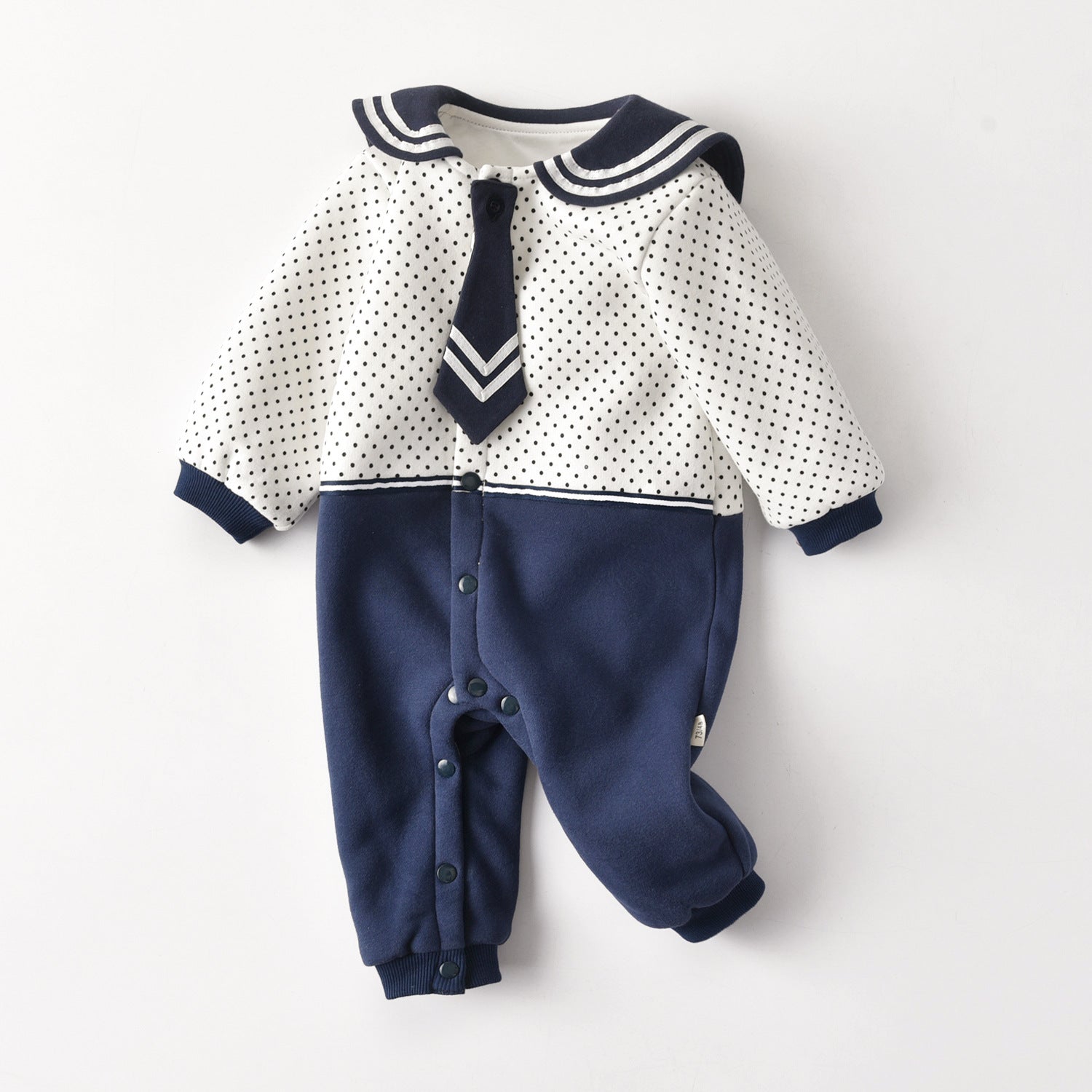 Baby Polka Dot Pattern Bow Patched Design Romper Jumpsuit in white and navy blue, featuring a stylish polka dot pattern and a cute bow.