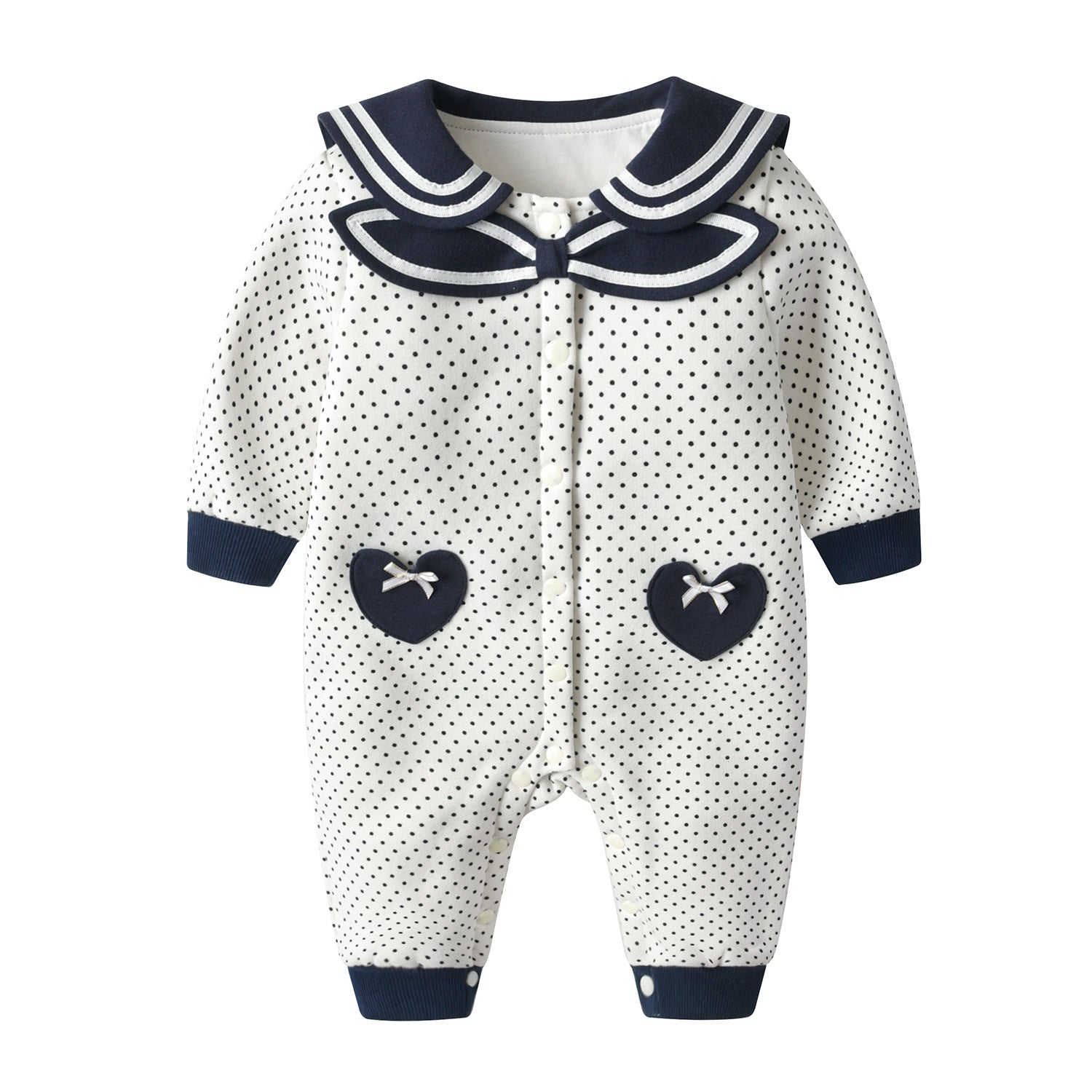 Baby Polka Dot Pattern Bow Patched Design Romper Jumpsuit in white and navy blue, featuring a stylish polka dot pattern and a cute bow.