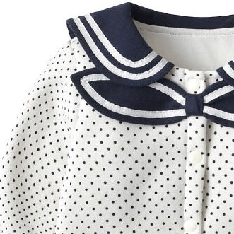 Baby Polka Dot Pattern Bow Patched Design Romper Jumpsuit in white and navy blue, featuring a stylish polka dot pattern and a cute bow.