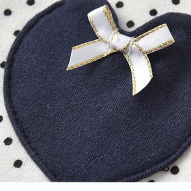 Baby Polka Dot Pattern Bow Patched Design Romper Jumpsuit in white and navy blue, featuring a stylish polka dot pattern and a cute bow.