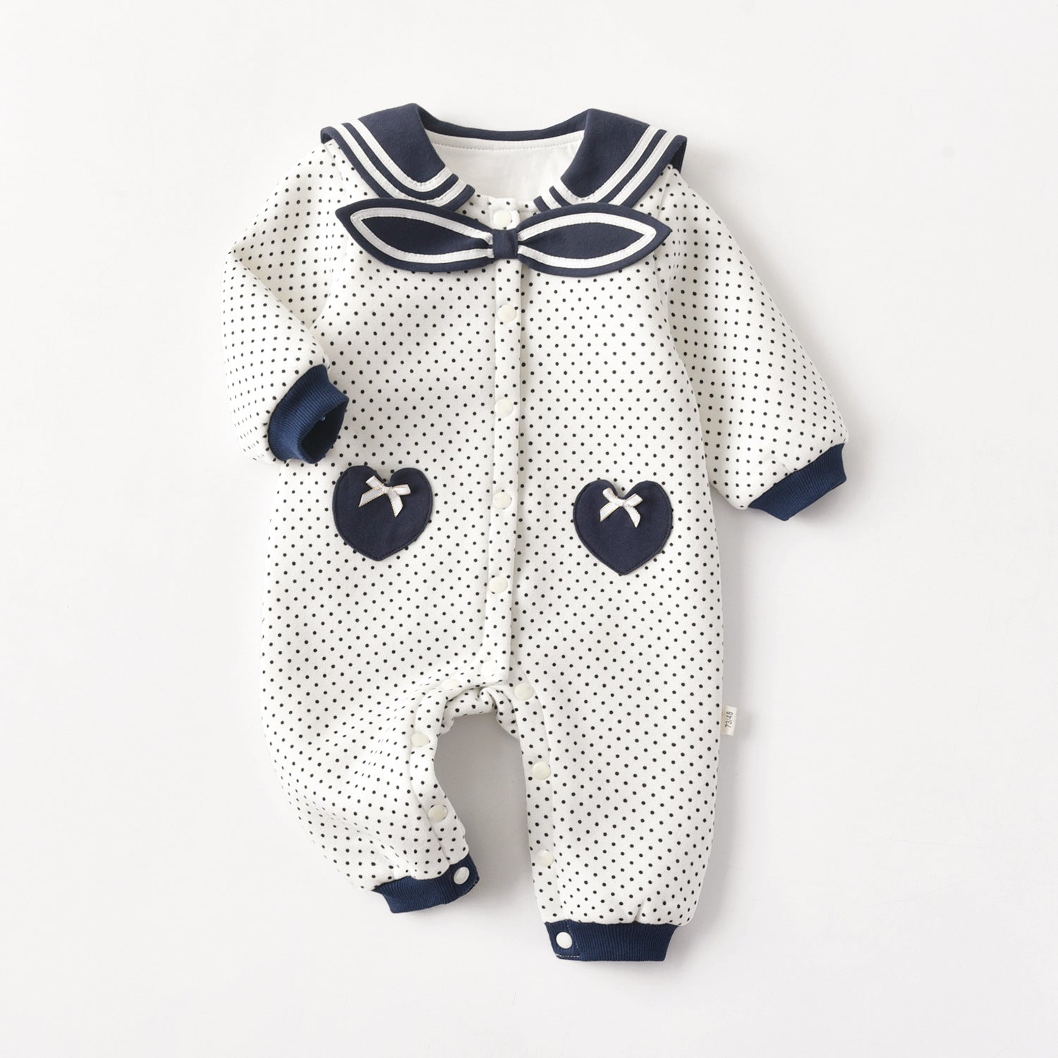 Baby Polka Dot Pattern Bow Patched Design Romper Jumpsuit in white and navy blue, featuring a stylish polka dot pattern and a cute bow.