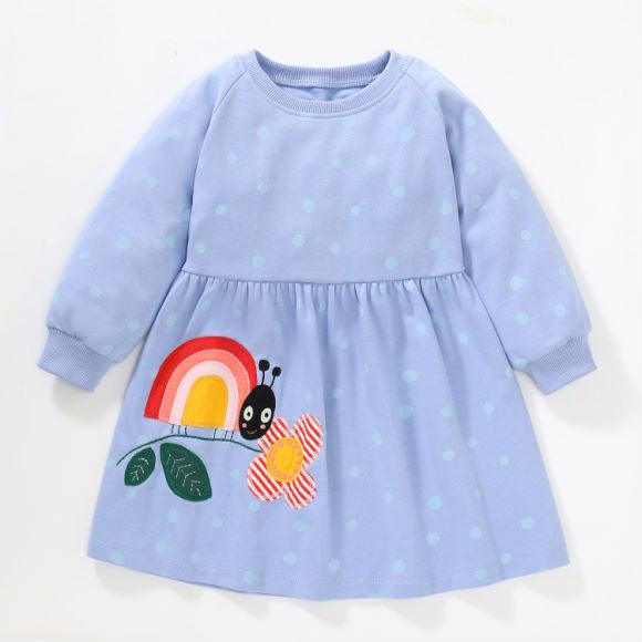 A blue baby dress featuring a polka dot pattern and cartoon embroidery, perfect for girls aged 12 months to 10 years.