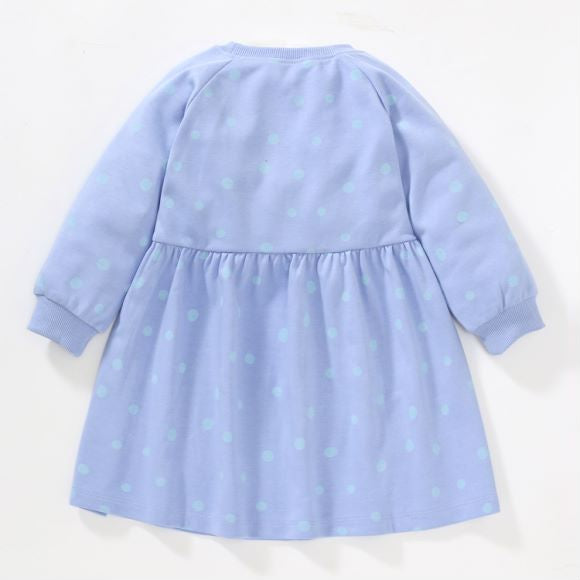 A blue baby dress featuring a polka dot pattern and cartoon embroidery, perfect for girls aged 12 months to 10 years.
