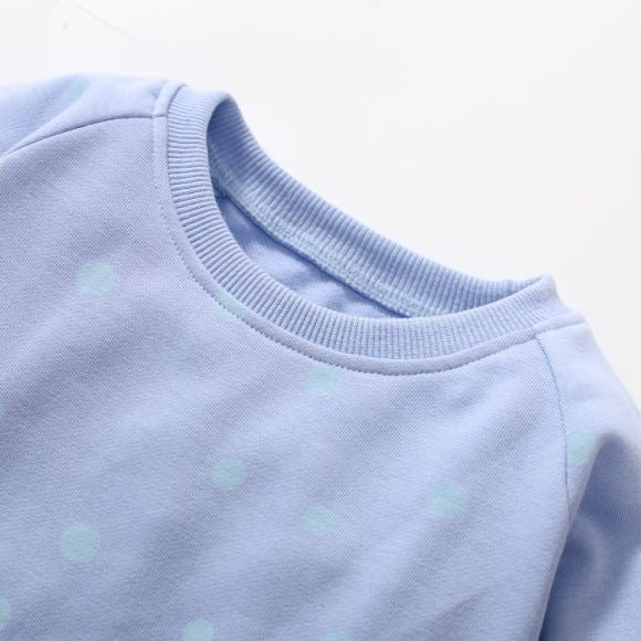 A blue baby dress featuring a polka dot pattern and cartoon embroidery, perfect for girls aged 12 months to 10 years.