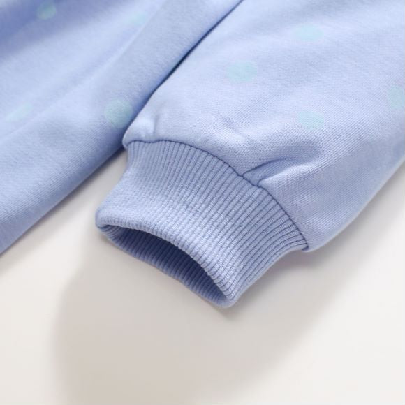 A blue baby dress featuring a polka dot pattern and cartoon embroidery, perfect for girls aged 12 months to 10 years.