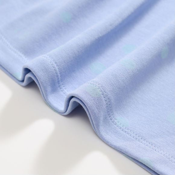 A blue baby dress featuring a polka dot pattern and cartoon embroidery, perfect for girls aged 12 months to 10 years.